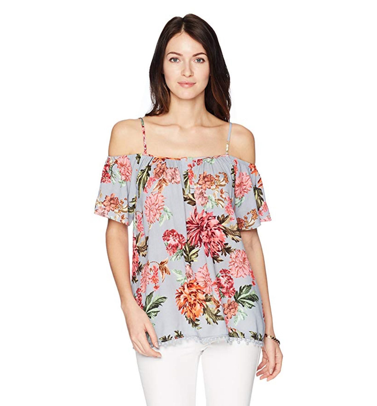 Cold Shoulder Short Sleeve Placement Print Top
